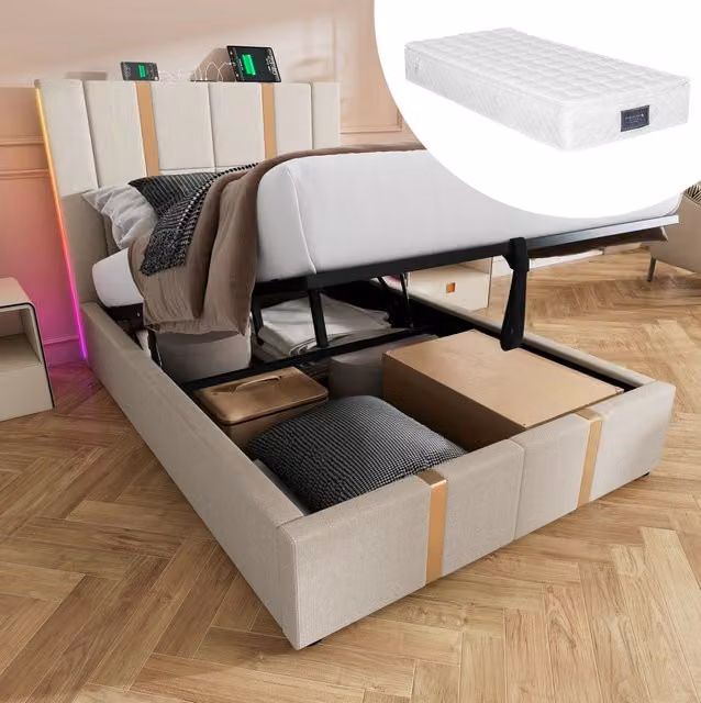 Letto singolo imbottito 90x200 cm con LED, funzione di ricarica USB Type-C e rete a doghe in legno, rivestimento beige in tessuto lino