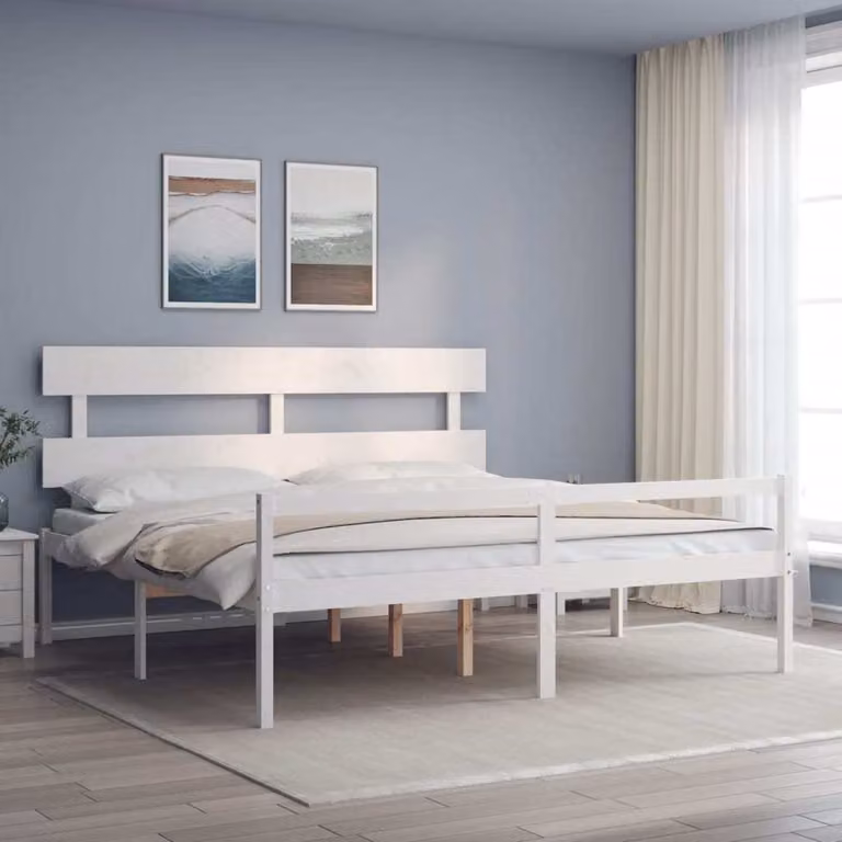 The Living Store Letto senior con testiera 200x200 cm in legno massiccio bianco