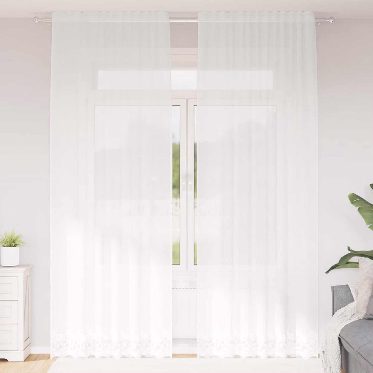 Tenda in pizzo bianca vidaXL con motivo floreale in poliestere, semitrasparente, L: 280 cm x H: 150 cm