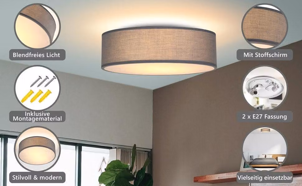 Lampada da soffitto, tessuto grigio, 38 cm, 2 attacchi E27