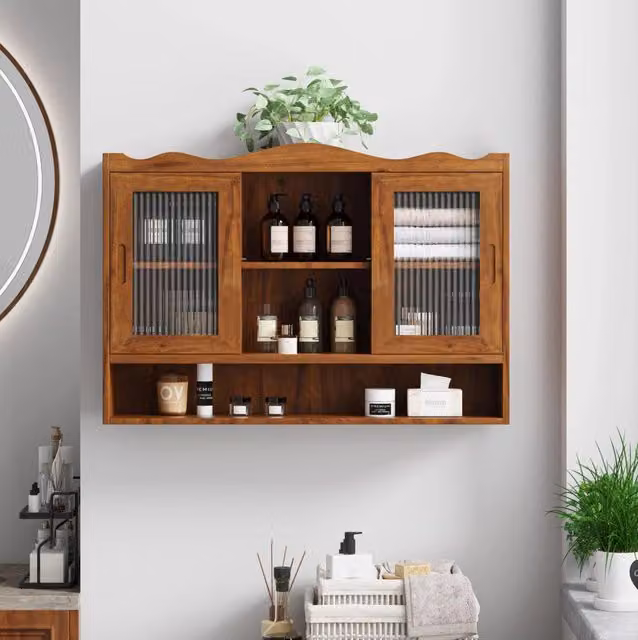 Mobile pensile 90x20x60 cm marrone in legno e vetro, 2 ante scorrevoli