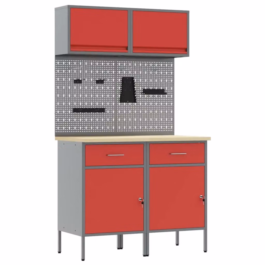 Set di mobili da lavoro vidaXL in acciaio e legno, 6 pezzi, colore rosso, con cassetto e scaffale chiudibile – 2