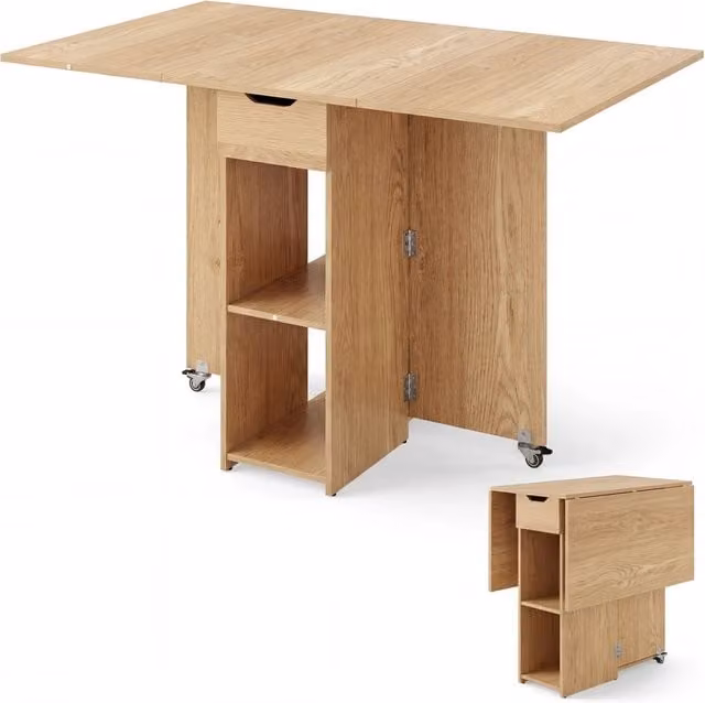 Tavolo da pranzo pieghevole Design Mania con ripiani e ruote, colore beige