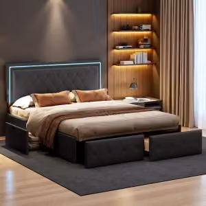 UnboxG Letto imbottito 140x200cm, letto matrimoniale con Led, rete a doghe e 4 cassetti, letto a molle insacchettate con contenitore, struttura letto in legno letto contenitore per giovani, PU, grigio