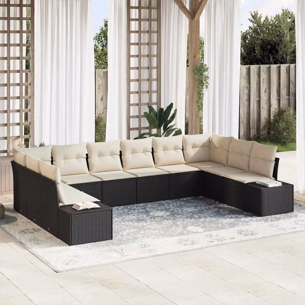 Set Divano da Giardino vidaXL 10 Pezzi Moderno a Forma di L con Cuscini, Struttura in Metallo e Polyrattan, Colore Nero e Beige – 1