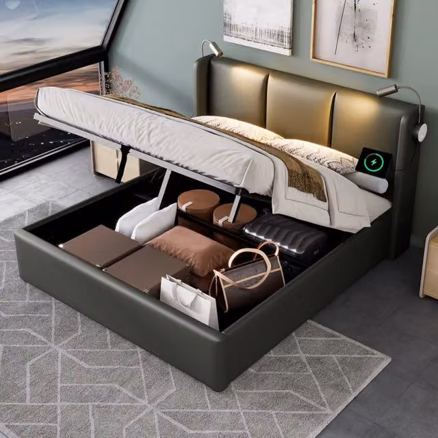 Letto contenitore matrimoniale OKWISH in similpelle grigia con lampada da lettura e ricarica USB, L/P: 160 x 200 cm