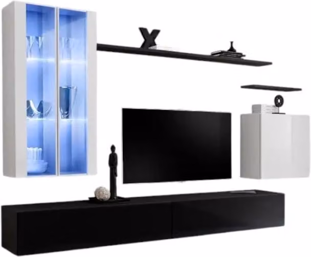 Composizione murale SWITCH XII – Mobile TV, vetrine LED, cubo e scaffali – Nero e bianco lucido – Design moderno