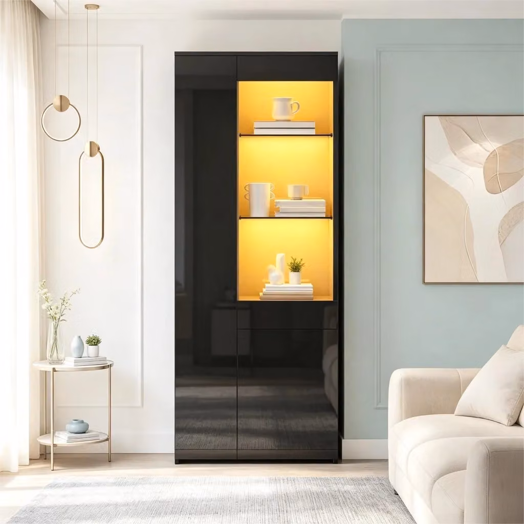 Vetrina OKWISH moderna per soggiorno in MDF nero lucido con illuminazione LED integrata, 2 ante, 1 cassetto e vani aperti, L: 70 cm, P: 35 cm, H: 180 cm – 2