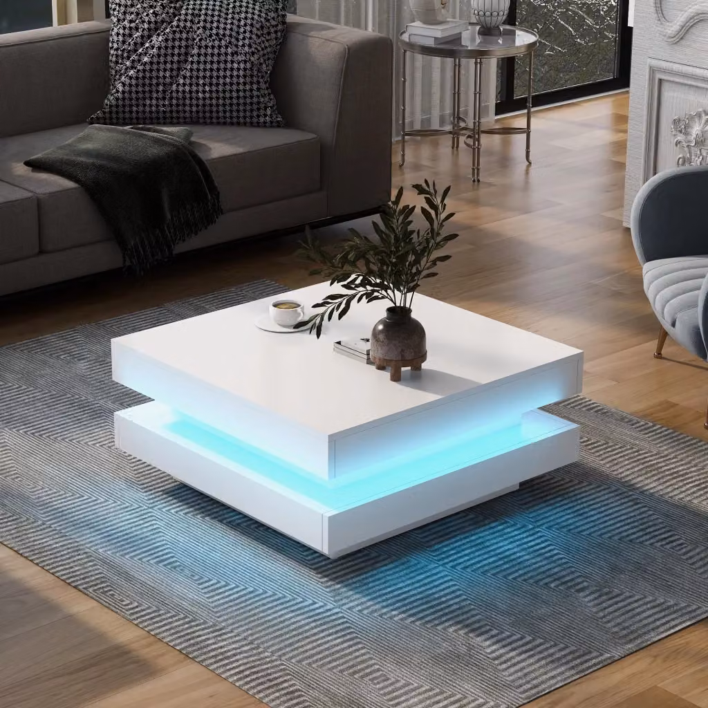 Tavolo da salotto quadrato REDOM bianco lucido con tecnologia LED Bluetooth e controllo APP L/P/H: 70 x 70 x 36 cm – 2