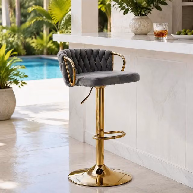 Sedia Bar REDOM Girevole a 360 gradi Regolabile in Velluto Grigio con Base in Metallo L: 49,5 cm, P: 50,5 cm, H: 77-98 cm – 1