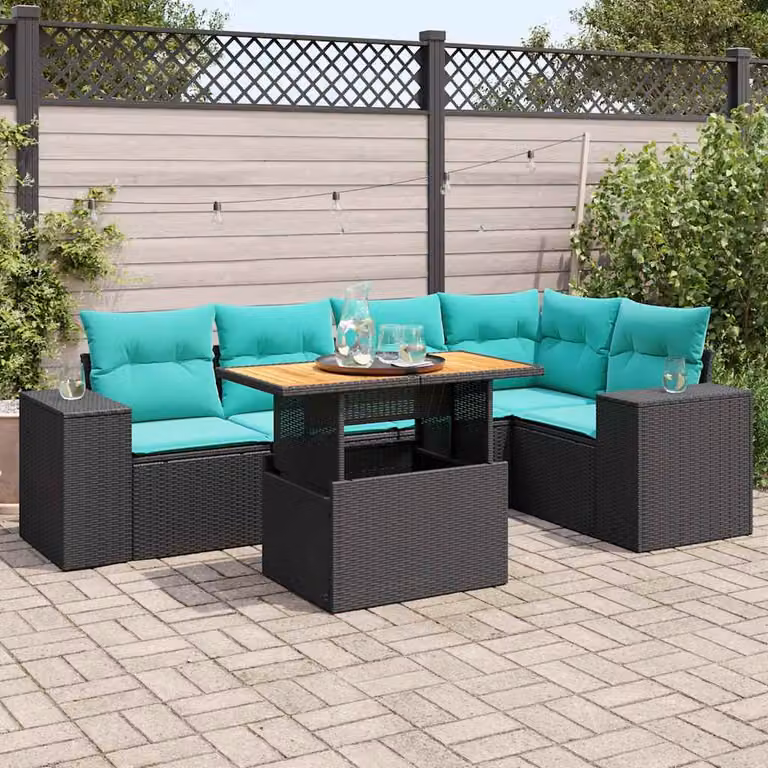 Set Divano da Giardino vidaXL 6 pz a Forma a L con Cuscini e Tavolino, Polyrattan e Acciaio Nero