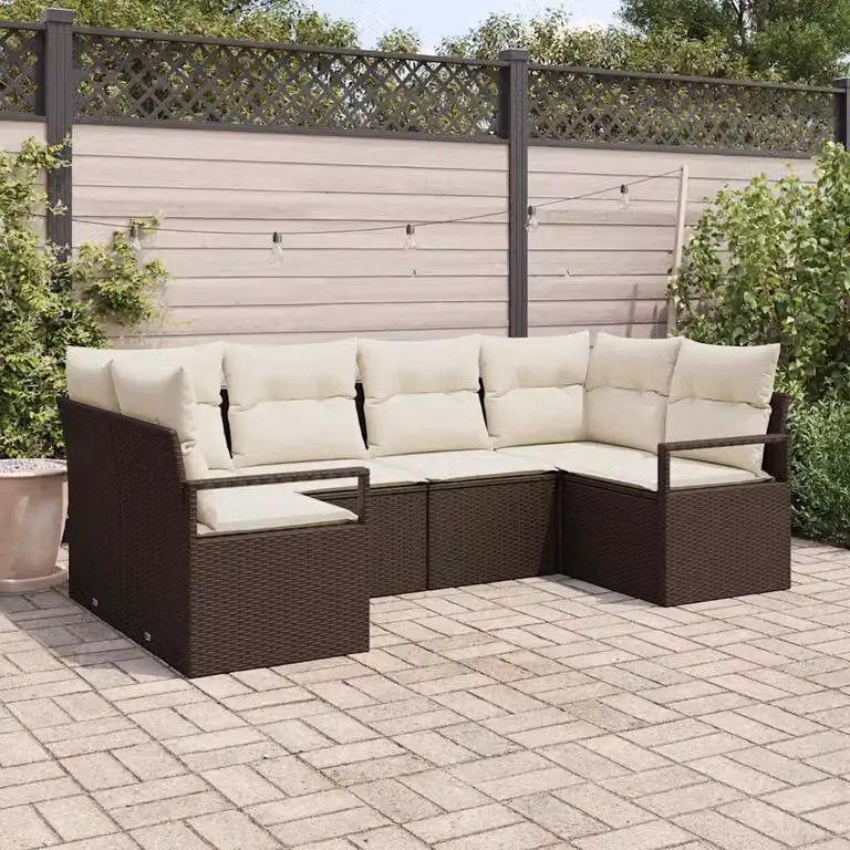 Set Divano da Giardino vidaXL 6 pz a Forma a L in Polyrattan Marrone e Bianco con Cuscini e Struttura in Acciaio Verniciato a Polvere