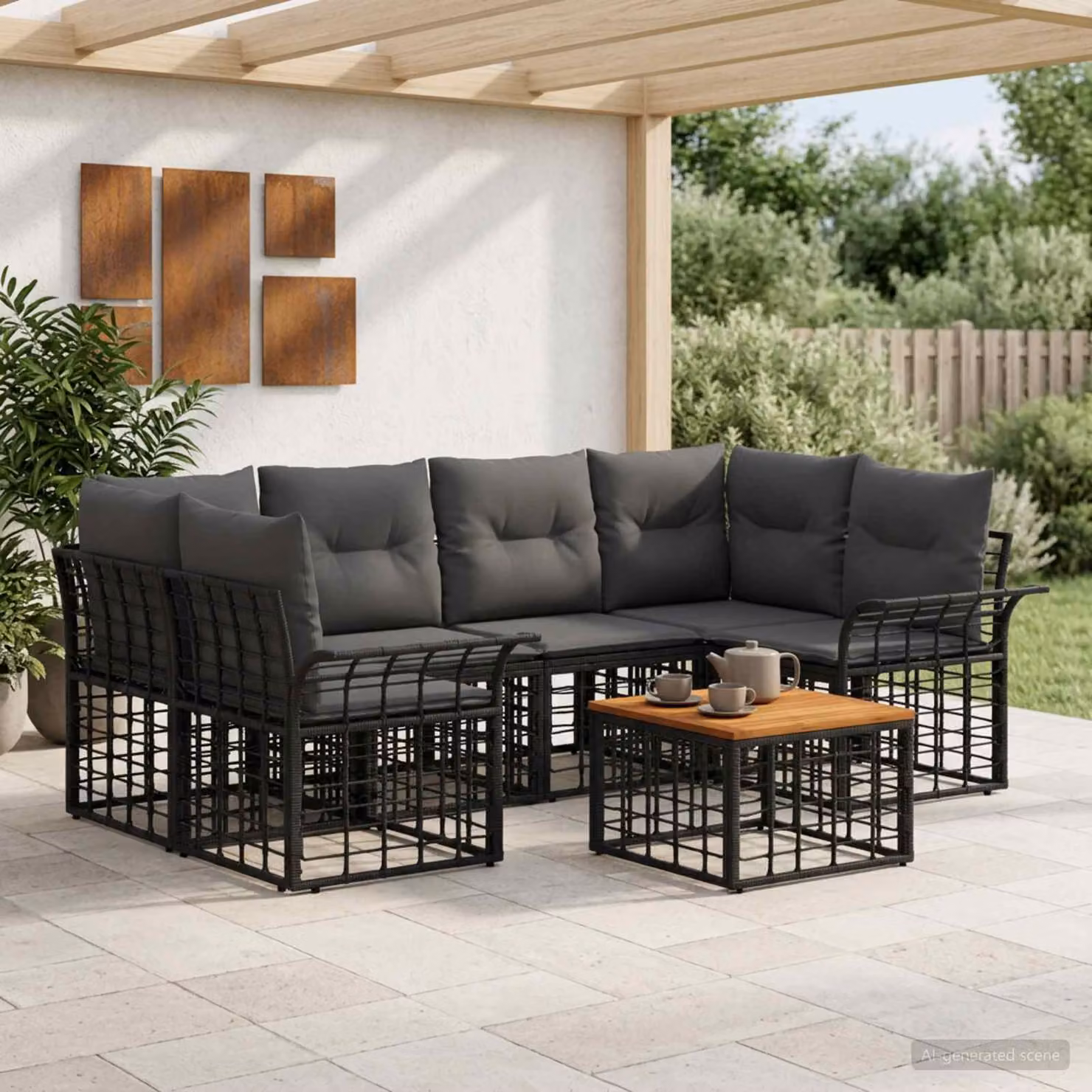 Set di divani da esterno vidaXL 7 pezzi in polyrattan nero e grigio scuro con tavolo da caffè e cuscini