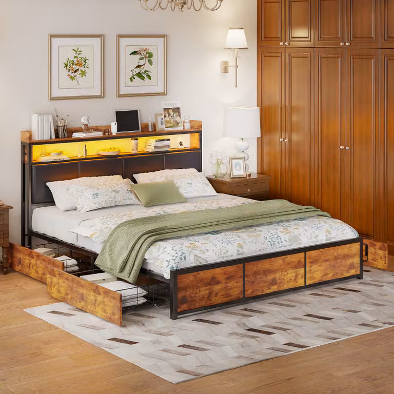 UnboxG Letto imbottito 140x200cm, letto per ragazzi letto matrimoniale con 4 cassetti, letto contenitore letto in legno massiccio con LED e rete a doghe, PU