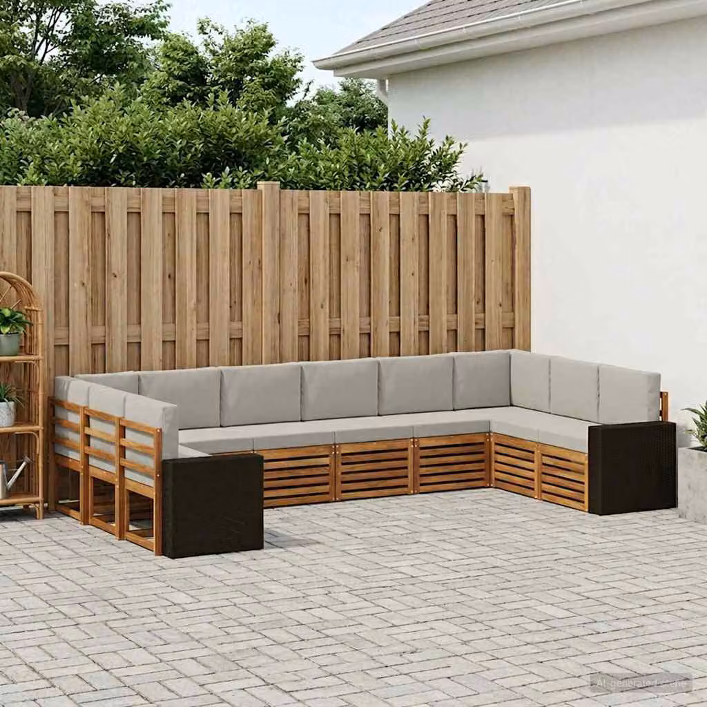 vidaXL Set di divani da esterno componibile a L in legno di acacia con cuscini, Naturale e Grigio Chiaro