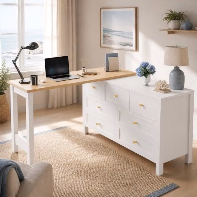 Scrivania girevole 2-in-1 con 7 cassetti; 120x40x70 cm; truciolare; bianco e rovere