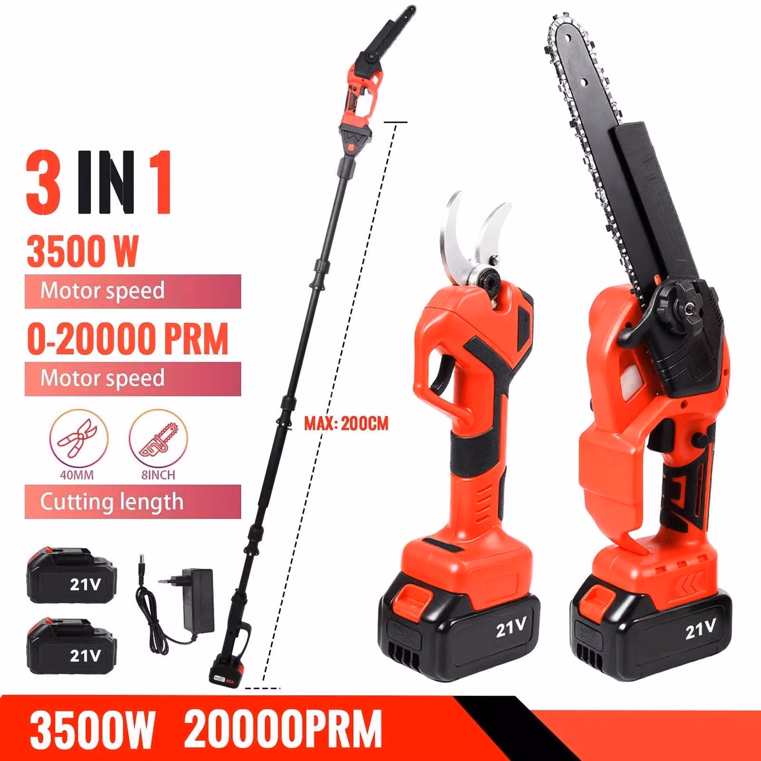 Set di motosega elettrica e potatore – 3500W, attrezzi da giardino con lama da 8 pollici e display