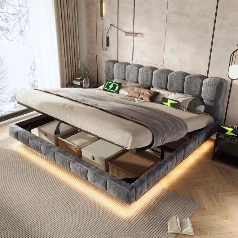Letto imbottito 160x200 cm con spazio contenitore a sollevamento idraulico, luci LED, porte USB e di tipo C, rivestito in velluto, rete a doghe, design sospeso, colore grigio