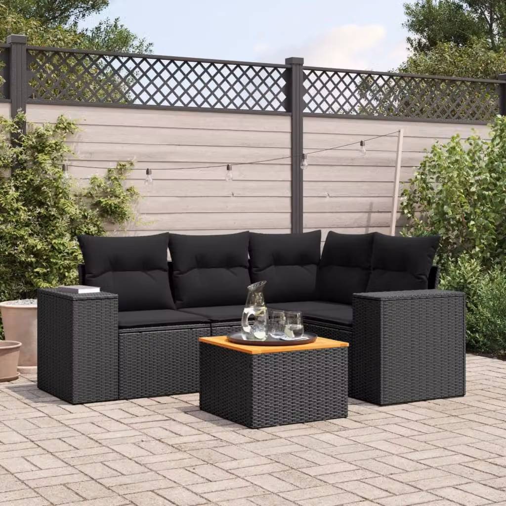 vidaXL Set Divani da Giardino a L 5 pz in Polyrattan Nero con Cuscini e Tavolino – 1