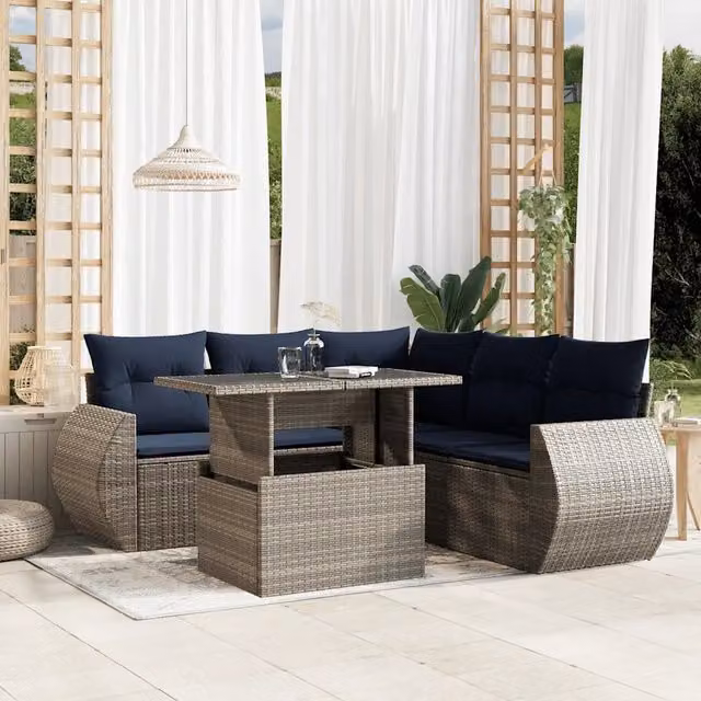 Set da giardino moderno vidaXL composto da 6 pezzi con divani a L, tavolino da caffè e cuscini in polyrattan e metallo, colore grigio e blu – 1