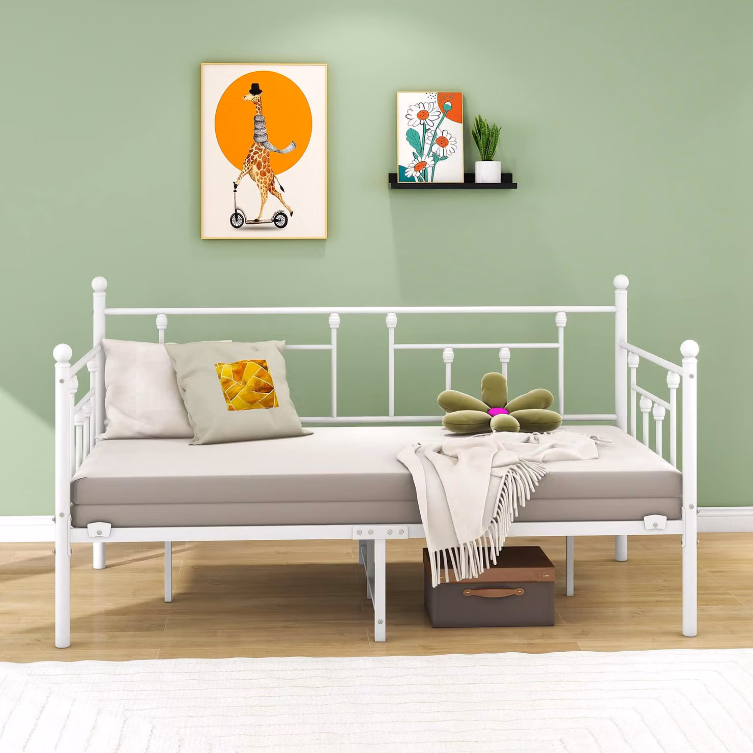 Letto a giorno 90x200 cm, in metallo, con rete a doghe, colore bianco