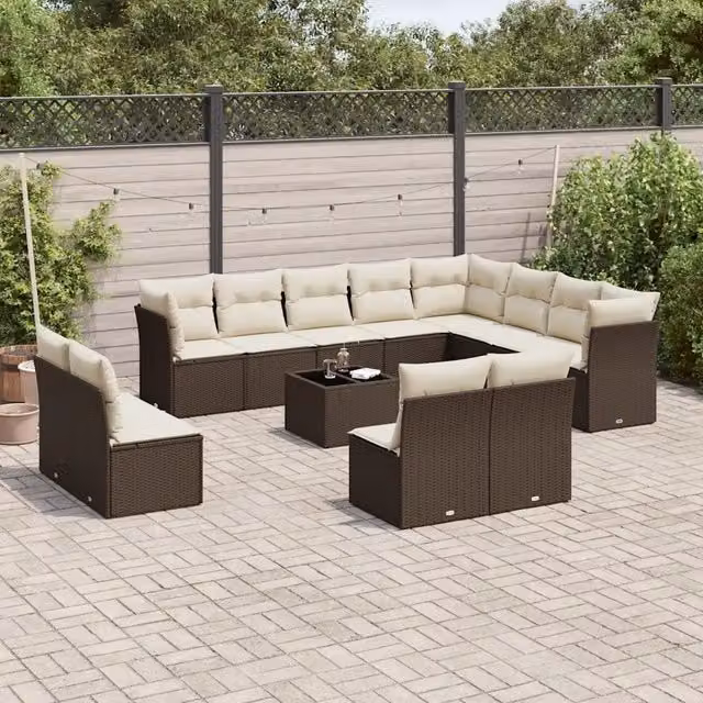 Set di divani da giardino VIDAXL a forma di U composto da 13 pezzi in polyrattan marrone con cuscini inclusi – 1