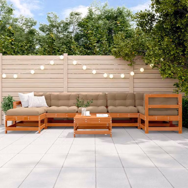 Set Lounge da Giardino vidaXL 8 pz in Legno di Pino Cerato Marrone con Cuscini e Tavolino