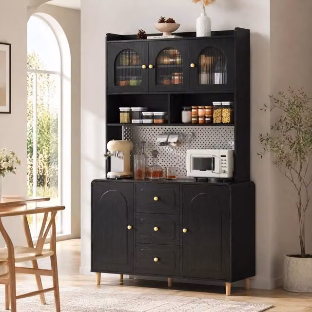 Credenza alta Mivray nera con ante in vetro e cassetti, ideale per cucina o sala da pranzo, L/P/H: 120 x 40 x 190 cm