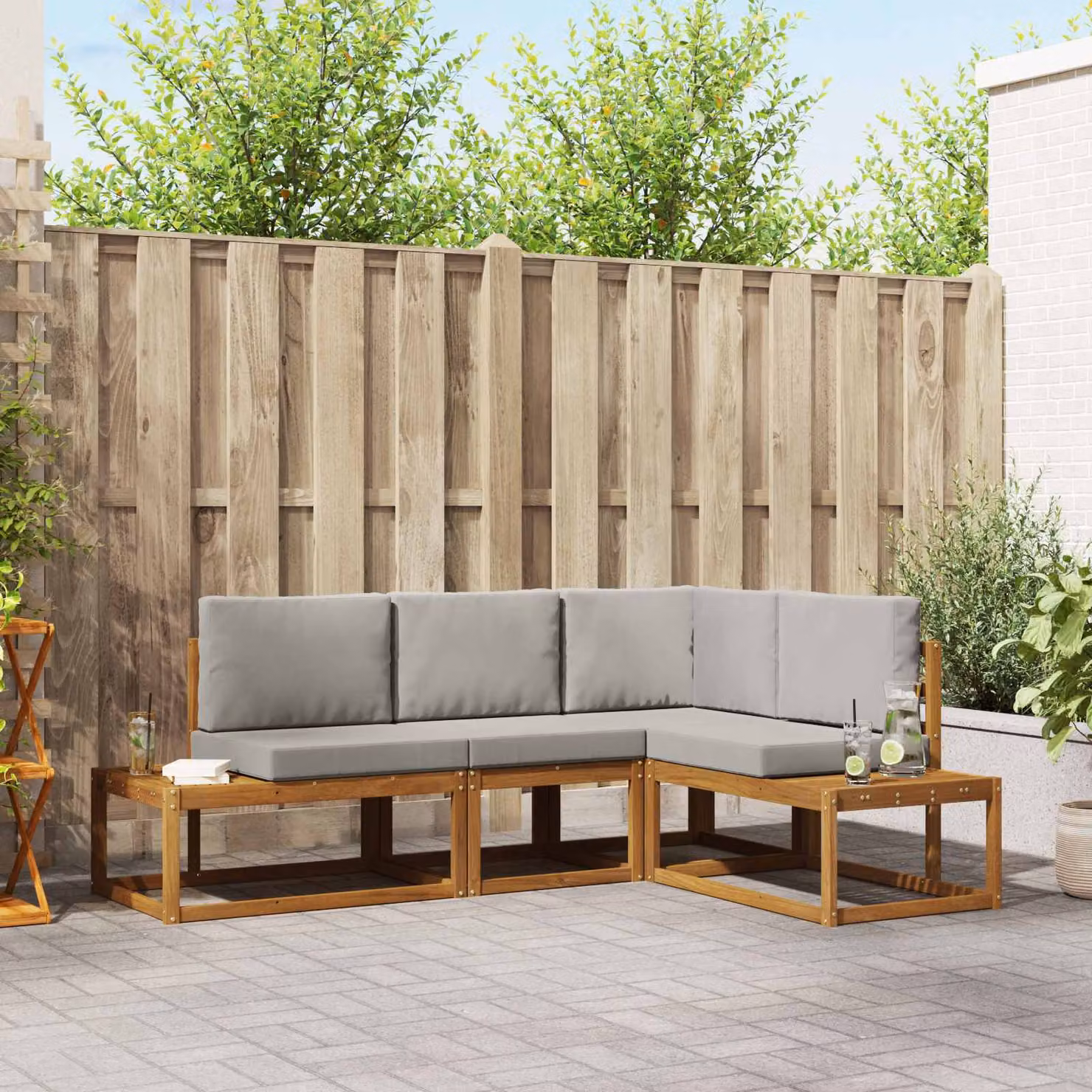 Set di divani da esterno a L vidaXL in legno di acacia con cuscini inclusi, Grigio e Marrone