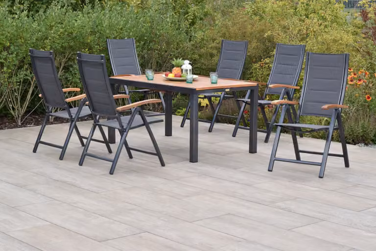 Set di mobili da giardino Merxx Paxos, 7 pezzi, 6 sedie pieghevoli, tavolo allungabile 150 (200) x 90 cm – alluminio/acacia/tessuto