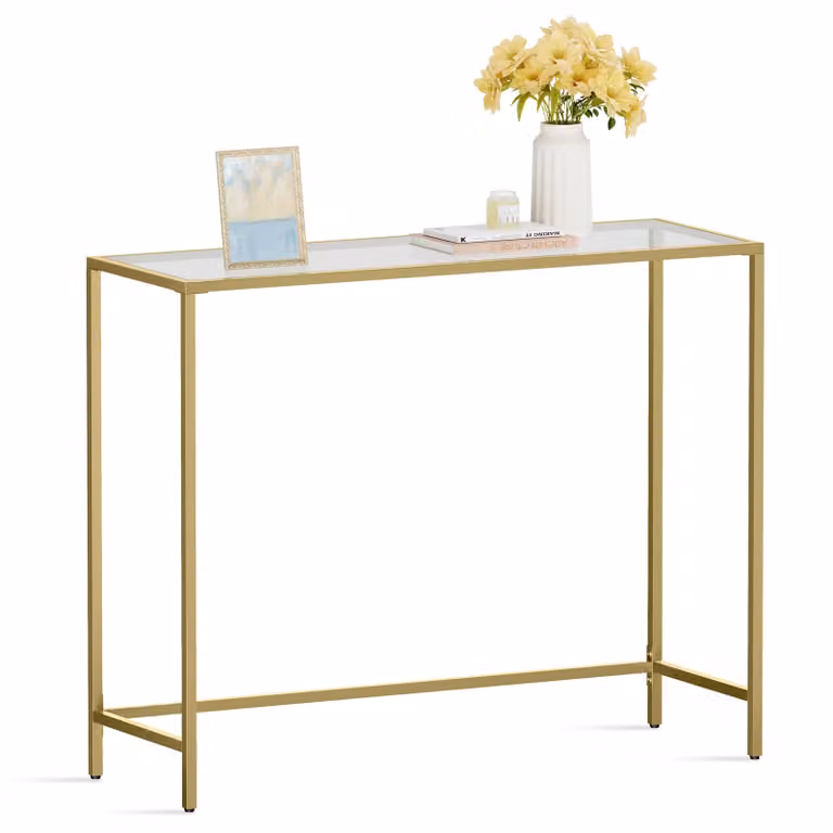 Tavolo Consolle in Vetro Bianco e Grigio, Dorato + Trasparente / 35 x 100 x 80 cm