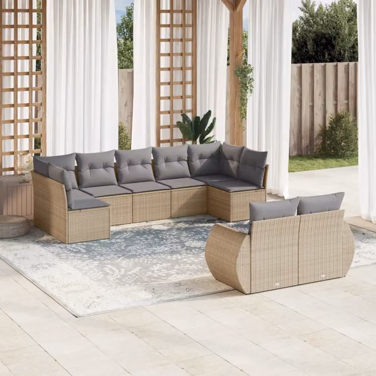vidaXL Set Divano da Giardino 9 pz in Polyrattan con Cuscini Beige e Struttura in Metallo