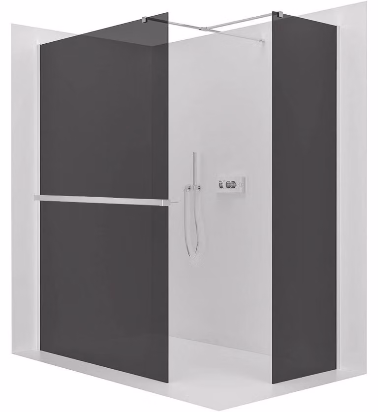 Pannello doccia angolare Walk-in Onyx T L/P - 8 mm - montante quadrato + ripiano/portasciugamani - cromato, vetro grigio - 100x100x200 cm