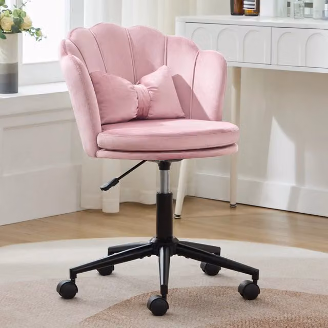 Sedia Design MINIMAL con Schienale a Petalo e Cuscino Lombare in Velluto Rosa, Regolabile in Altezza e Girevole a 360 gradi