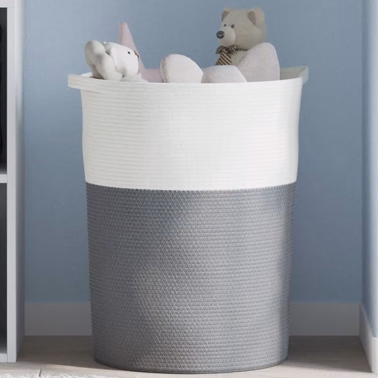 Cestino portaoggetti vidaXL in cotone multicolore grigio e bianco con maniglie e design a trama aperta, Ø 49 x H 65 cm