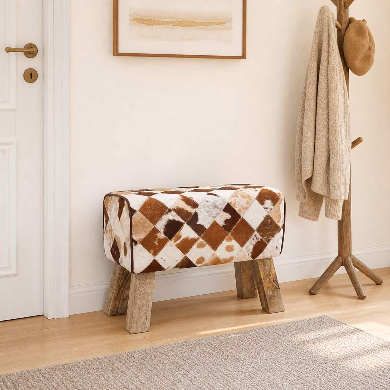Panca vidaXL in pelle marrone patchwork e legno di mango, L/P/H: 60 x 30 x 45 cm