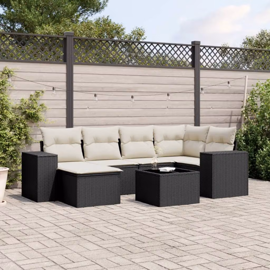 Set Divani da Giardino vidaXL a Forma di L in Polyrattan Nero con 7 Cuscini e Tavolino – 1