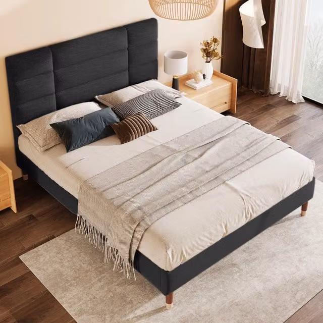 Letto Imbottito Matrimoniale con Testiera e Rete a Doghe ¨C MINIMAL ¨C Nero, 140x200