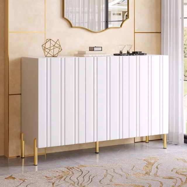 Credenza moderna multiuso Vovees Living bianca con dettagli oro, ideale per ingresso o soggiorno, L: 120 cm, H: 80 cm, P: 35,5 cm