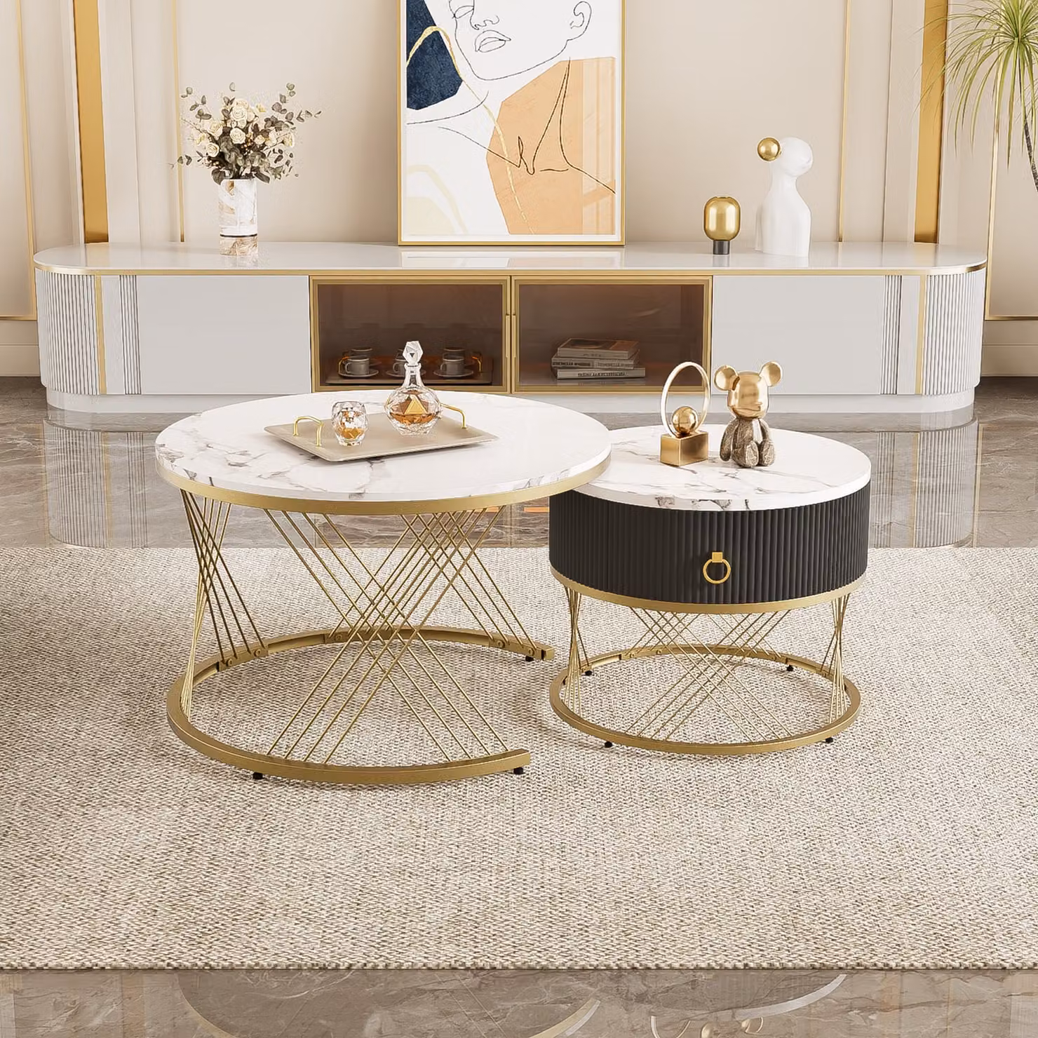 Set di 2 tavolini da salotto con cassetto Merax, tavolino con piano in marmo, tavolino da salotto dal design moderno con struttura in metallo, bianco