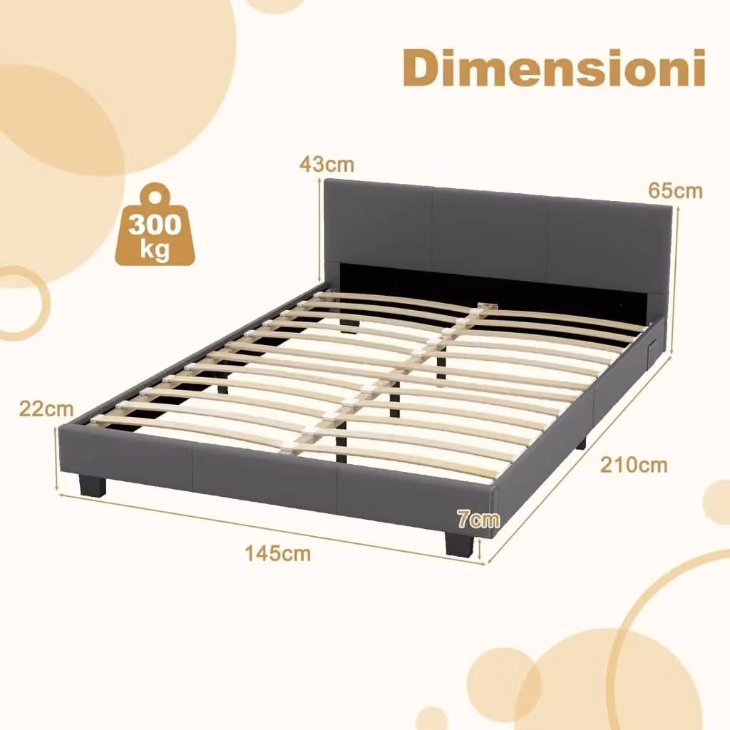Letto Matrimoniale Costway in Legno con Testiera Imbottita, Luce LED Sotto il Letto e Telecomando, Grigio, 140x200 cm – 2