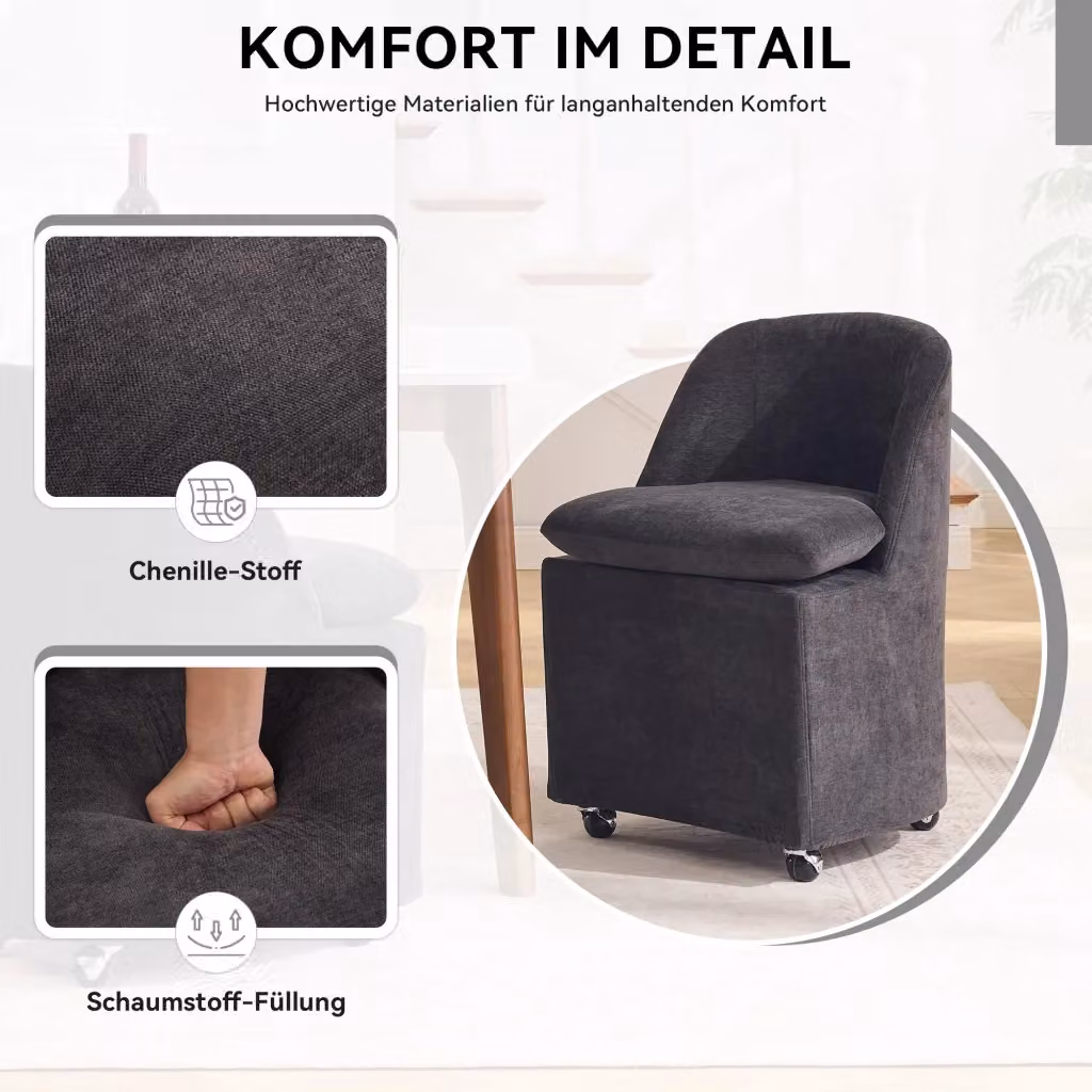 Set da 2 sedie girevoli REDOM in tessuto chenille grigio con ruote, L/P/H: 53 x 53,5 x 78,5 cm – 2