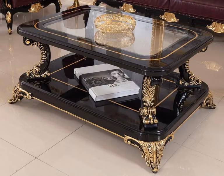 Casa Padrino tavolino barocco con piano in vetro nero/oro - Magnifico tavolo da salotto in legno massiccio in stile barocco - Mobili da salotto barocchi - Nobile & Magnifico