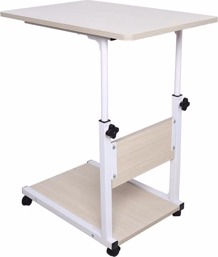 Tavolino da letto su ruote - Tavolino da letto / tavolino per laptop - Regolabile in altezza da 55 a 80 cm - Piano rettangolare - Struttura in metallo - Con tavolino ausiliario - Bianco acero