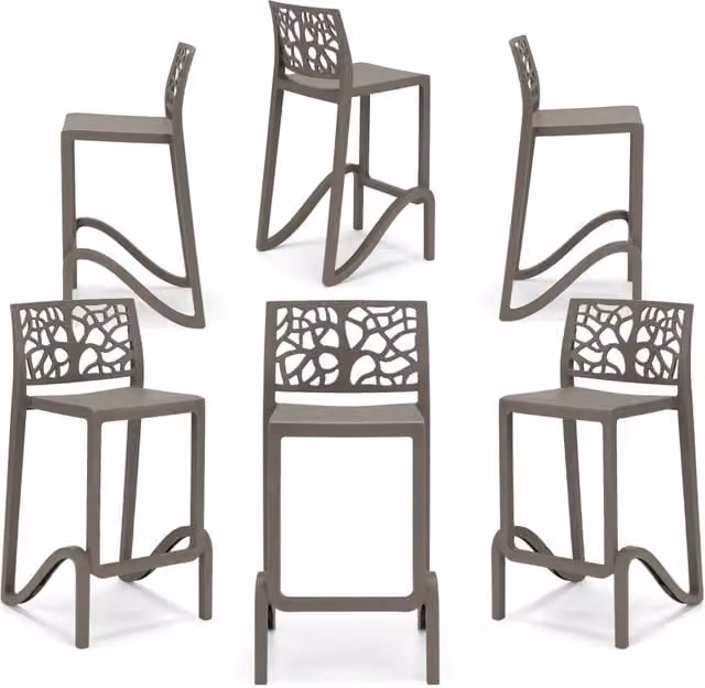 Set 6 sgabelli in polipropilene TETI altezza seduta 65cm, impilabile, idrorepellente, resistente ai raggi UV, design moderno e innovativo, ideale per la cucina, la veranda o giardino colore Tortora
