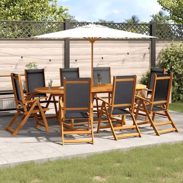 Set da pranzo da giardino vidaXL in legno di acacia oliato e textilene, 9 pezzi, marrone e nero – 1