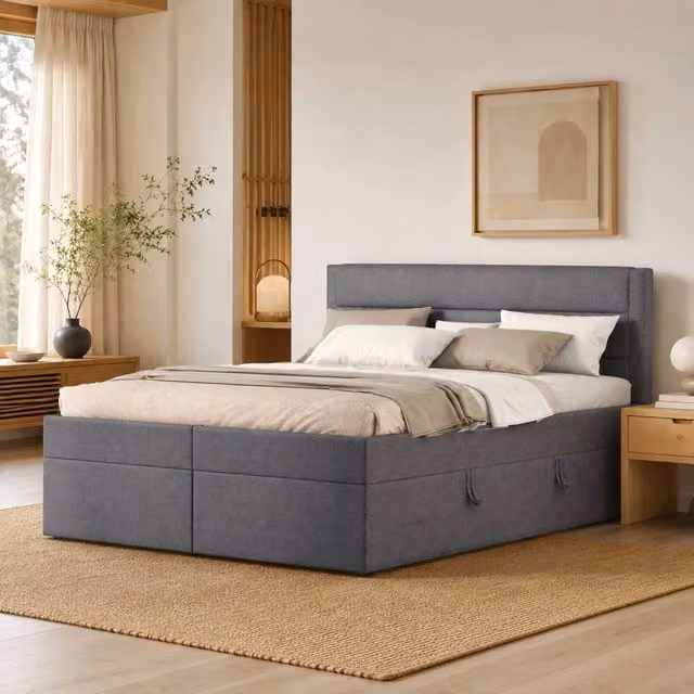 Letto matrimoniale imbottito 140x200 cm con contenitore e rete sollevabile; grigio beige