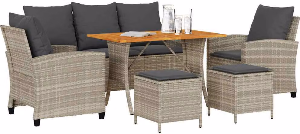 Set Divano da Giardino 6pz con Cuscini Grigio Chiaro Polyrattan
