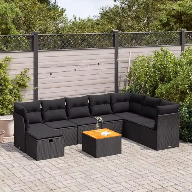 Set Divani da Giardino 9 pz con Cuscini Nero in Polyrattan 3325772