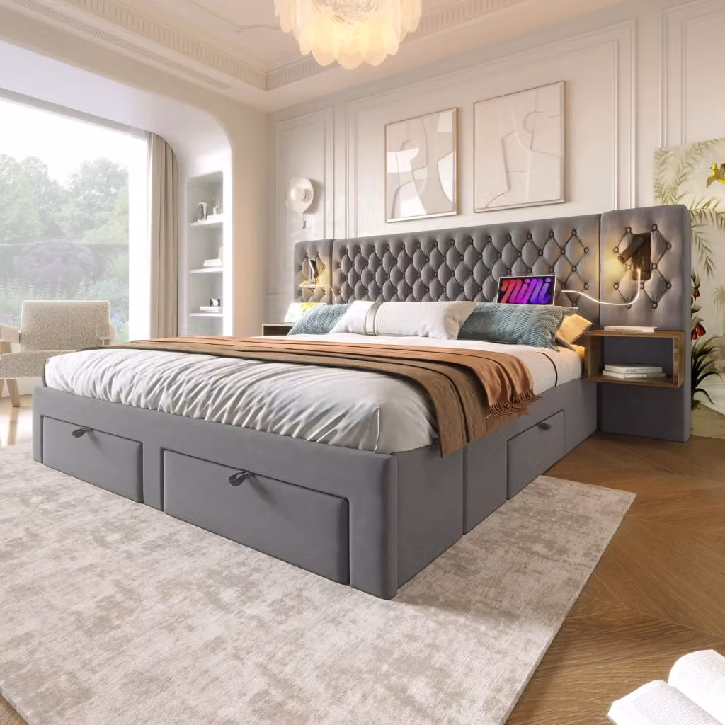 Letto Matrimoniale REDOM in Velluto Grigio con Cassetti, Luce da Lettura Integrata, Ripiano e Porta USB, L/P: 180 x 200 cm – 2